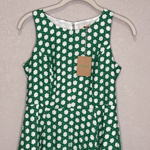 Boden Dress Womens 2P Green White Geometric Sleeveless Midi 100% Linen Pockets - Picture 3 of 10